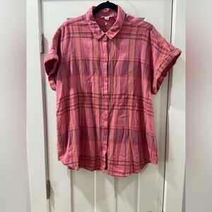 Beach Lunch Lounge Pink Plaid Button Down Short Sleeves Shirt Sz XL Women NWOT